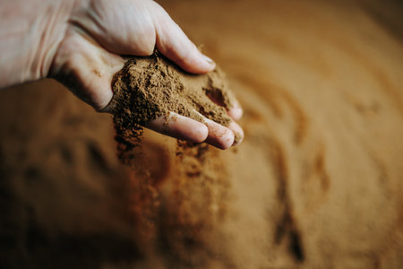 Selective focus on a gardeners hands with soil, close-up shot of a human hand with selective focus on the fingers, Selective focus on a gardeners hands as they carefullyの写真素材