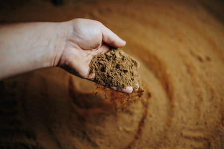 Selective focus on a gardeners hands. A close-up shot of human hands covered in soil as they gently lift a ground, with selective focus on the fingersの写真素材