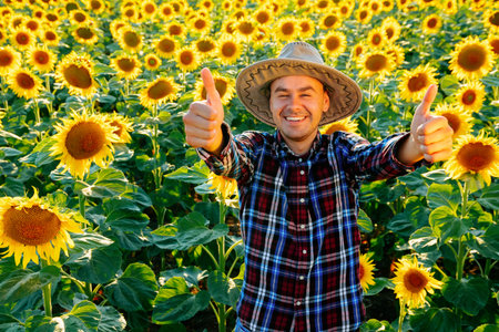 Young farmer man shows thumb up in front of sunflowers. Gesture shows how ok is it. The smiling man...