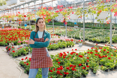pretty american female with crossed arms wearing apron in greenhouse. Happy small business woman owner working at flower greenhouse standing surrounded by plants while looking at camera. copy spaceの写真素材