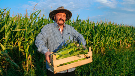 Front view sly smile of an elderly farmer worker carries box of corn through richly harvested field looking at camera. Senior man happy about the big harvest. The clear sky, a lot of corn around. Copy spaceの写真素材
