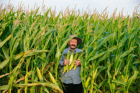 Front view of smiling aged farmer looking at camera in field with rich harvest, holding corn cobs of ripe unpeeled corn tightly to his chest. Senior man face glows with happiness. Sun hat on head.の写真素材