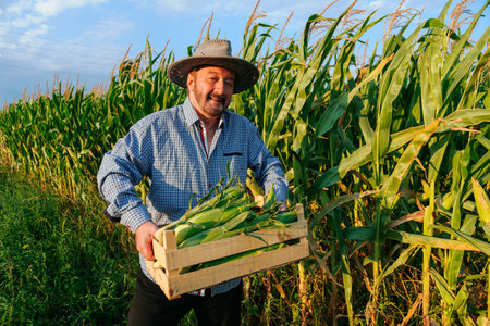 Front view sly smile of an elderly worker carries box of corn through richly harvested field looking at camera. Senior man happy about the big harvest. The clear sky, a lot of corn around. Copy spaceの写真素材