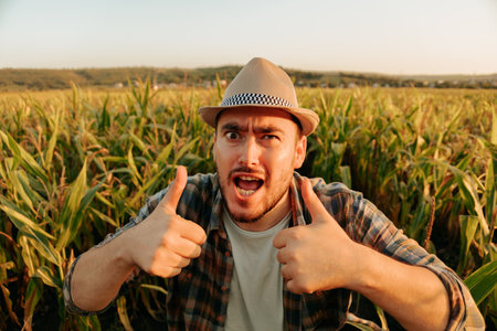 Top view looking at camera a young energetic male farmer in corn scream yes, show thumb up, dance, laugh. Happy enthusiastic man agronomy show immense joy about good harvest. Background cornfield.の写真素材