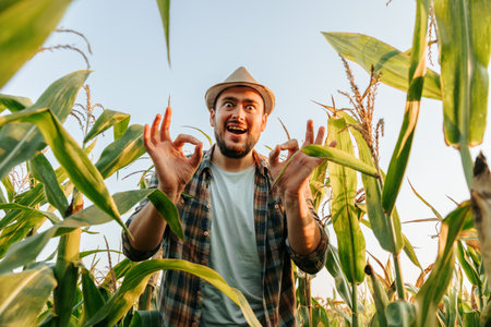 Bottom view cheerful farmer man in corn goes crazy and shows ok gesture, looking at camera. An interesting agronomist against the background of a clear sky and corn stalks. Copy space.の写真素材