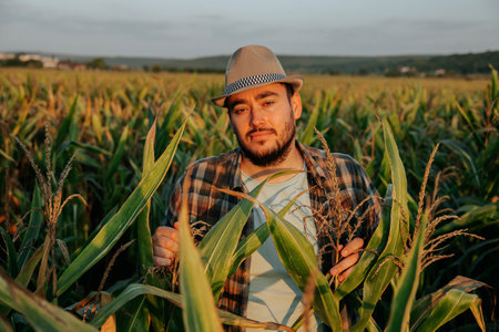 Front view looking at camera a serious tired young farmer male stands in a cornfield. It is good day, sunset, the end of the hard working day, the man is satisfied with his agricultural work. Copy space.の写真素材