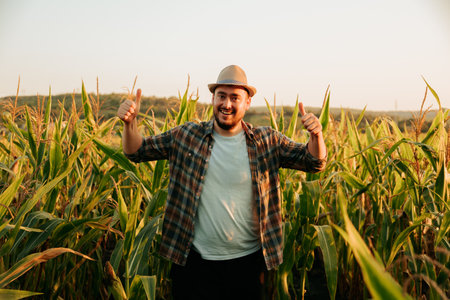 Front view looking at camera, wink, young man in field shows gesture thump up, ok, dancing, say wow. A happy farmer is happy from success of his business. The corn business is profitable. Copy space.の写真素材