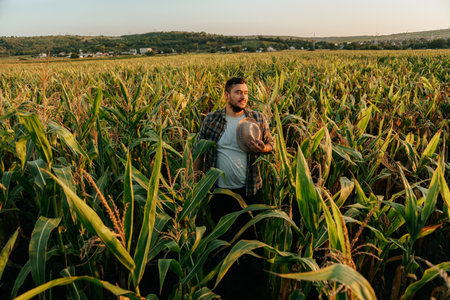 Pensive farmer with a smile on face stand in field, took off his hat, tired, front view, A young man on the background of a cornfield, one hand on hips, clear sky. Copy space.の写真素材