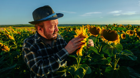 Agriculture quality control. senior farmer monitoring harvest growth progress Data collection and analyzing. male farmer agronomist check the quality of sunflower crop in field. copy spaceの写真素材