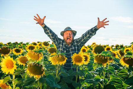 aged handsome happy screaming bearded man standing in sunflower field spreading his arms up. enjoying male freedom with open mouth in farm on the sky background. copy space, real peopleの写真素材