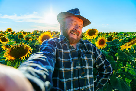 crazy Funny male aged farmer making selfie on smartphone in the sunflower farmland. extra happy farmer makes grimacing in front of the camera. at sunsetの写真素材