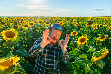 aged beautiful farmer man wearing shirt and hat with happy face smiling doing ok sign. copy space of senior rural farmer male in the sunflower field countryside excellent symbolの写真素材