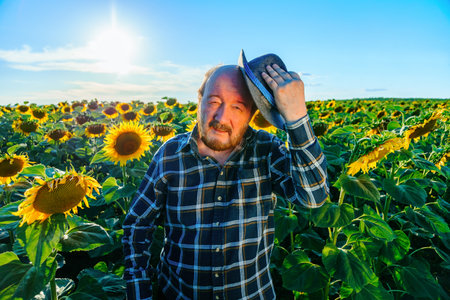 Tired exhausted farmer touching forehead standing in cultivated sunflower field. Farmer work hard against poverty. Feeling and emotion expression. Agricultureの写真素材