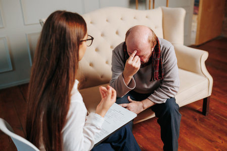 Two people sit in bright office of psychological assistance, male patient, female psychologist, sit opposite. Client sits on bright sofa, holds his head with his hand. Support, good specialist.の写真素材