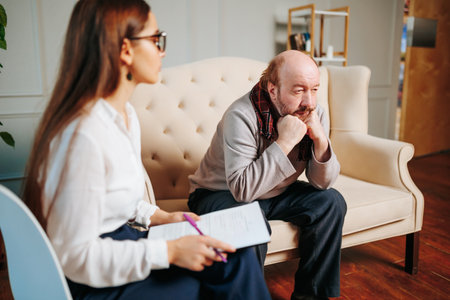 Pathetic elderly man sits on couch sadly propping up his head with his hands, next to woman next to psychologist. Psychotherapist listens to what problems with memory, speech and attention client has.の写真素材