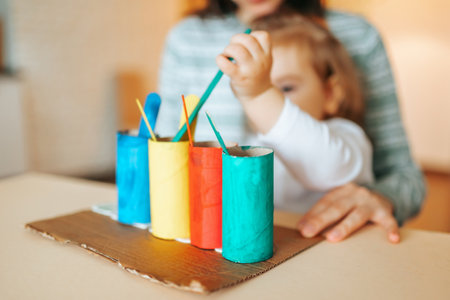 Close up front view materials on the Montessori system for classes with children at home. homeschooling early development concept. Young mother daughter little girl.の写真素材
