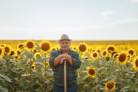 Sunlit Reverie An old and wise farmer looking at camera graces the sunflower fields, his portrait radiating with the warmth of a life spent cultivating the land and reaping its golden rewards.の写真素材