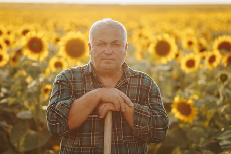 Gilded Reflections This enchanting image captures the reflection of an aged farmer looking at camera amidst sunflowers, each bloom mirroring the golden reflections of a life well-spent.の写真素材