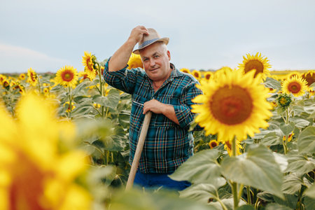 Sun Kissed Wisdom This picturesque image showcases an elderly worker looking at camera, bathed in sunlight amidst sunflowers, offering a glimpse into a lifetime of agricultural expertise.の写真素材