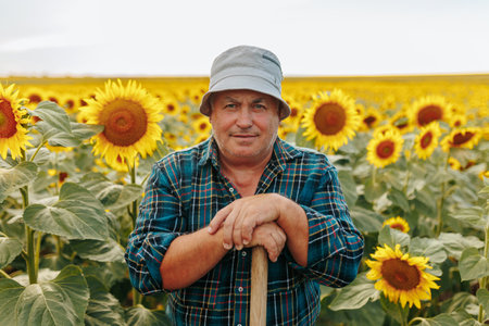 Radiant in Sunflowers This captivating photo portrays a senior farmer looking at camera, emanating warmth and wisdom, standing amidst a sunflower field, a testament to a life well-lived.の写真素材