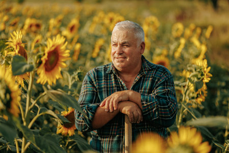Cultivated Years An objective visual representation of a senior worker in the field. Sunflower Symphony Portrait of an Aged Farmers Serenityの写真素材