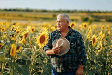 Bountiful Years A stock photo featuring a senior worker amidst the beauty of sunflowers. Nature Tapestry Aged Farmer Presence in Sunflowersの写真素材