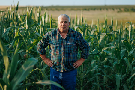 Radiant Wisdom Amidst Corn Rows An old farmer exudes happiness and warmth, his portrait a testament to a lifetime of dedication in the heart of a flourishing corn field.の写真素材