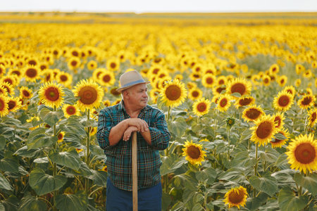 Golden Years Snapshot A neutral depiction of an aged farmer in the ambiance of sunflowers. Radiant Harvest Old Farmer Portrait in Sunlit Sunflowersの写真素材
