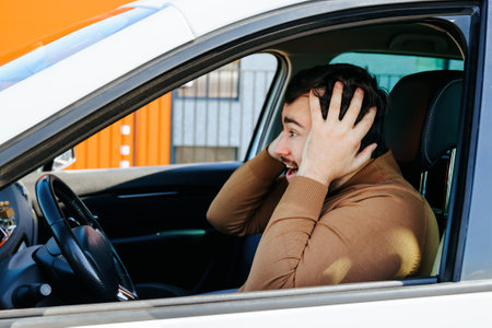 Crazy emotions a young man sits in a car in the drivers seat holding his head with his hands. The guy screams and looks ahead through the windshield. Real emotions.の写真素材