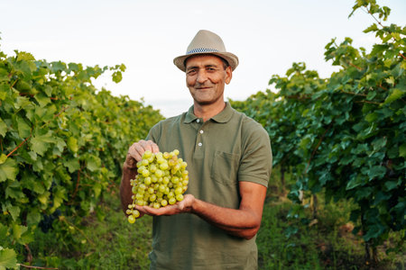 Front view looking at camera winemaker elder farmer man hold a bunch grape in outstretched hand in front of smiles. The agronomist worker is happy against backdrop clear sky, green vineyard.の写真素材