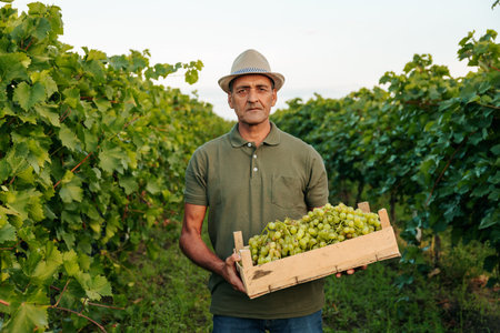 Front view elderly farmer winegrower worker man in a hat stands with box full of grapes in his hands and tired. Background large grape plantation in nice clear sunny weather.の写真素材
