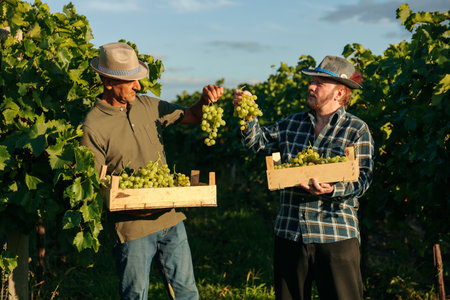 Front view two winegrower farmer friends stand between rows of vineyard holding a box in one hand in the other bunch of grapes showing each other. Harvest time in good weather sun day.の写真素材