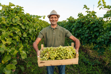 Front view elderly farmer winegrower worker man in a hat stands with box full of grapes in his hands and tired. Background large grape plantation in nice clear sunny weather.の写真素材