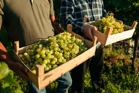 Close up top view two wooden boxes with ripe white grape vineyard hands of winemaker farmers workers, unrecognizable. Grape field, rich harvest, ripe grapes, sunny clear day.の写真素材