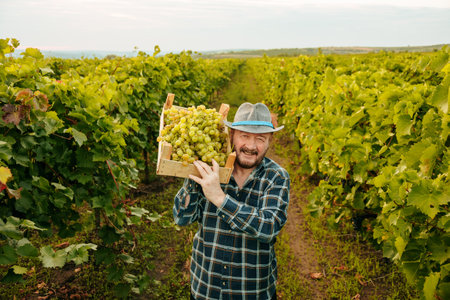 Front view of elder male farmer winegrower hold lift box of grapes on shoulder great harvest, smiling and looking at the camera. Vineyards go beyond the horizon line. Background field horizon.の写真素材