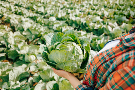 Unrecognizable top view close up against the backdrop of a rich crop of cabbage a lot of greenery. Fertile soil brings rich harvest farming concept.の写真素材
