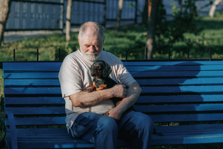 A wise old man finds solace in the park, his faithful dachshund by his side, symbolizing the enduring companionship between man and pet.の写真素材