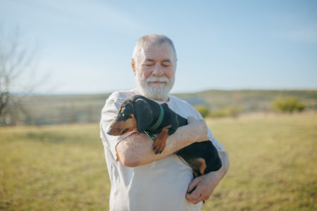 A wise old man and his devoted dachshund companion find solace and happiness in each others company amidst the tranquil setting of a field at sunset.の写真素材