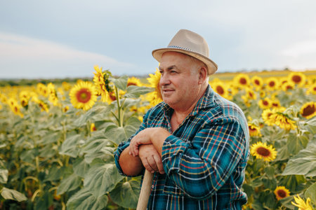Sunlit Portrait Candid imagery showcasing an old farmer amidst a sunflower landscape. Nature Elegance Aged Farmer Serene Sunflower Portraitの写真素材