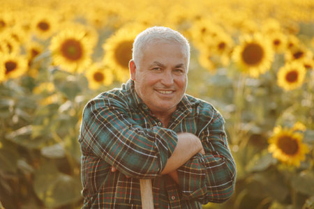 Embracing the Tranquil Beauty In the midst of a sunflower field, an aged farmer radiates genuine contentment, his smile reflecting the joy of a bountiful harvest season.の写真素材
