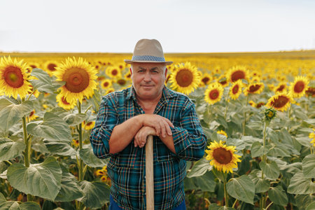 Sunlit Serenity An elderly farmer looking at camera graces the sunflower fields with a portrait that encapsulates the tranquility and grace of a seasoned worker amidst the golden blooms.の写真素材