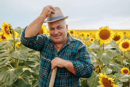 Golden Rays of Happiness An aged worker wears a radiant smile, a testament to the fulfillment found in the harvest season, surrounded by the vibrant hues of sunflowers.の写真素材