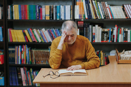 With a focus on intellectual enrichment, a senior man, characterized by his glasses and beard, immerses himself in the world of literature as he reads a book in the bookstore.の写真素材