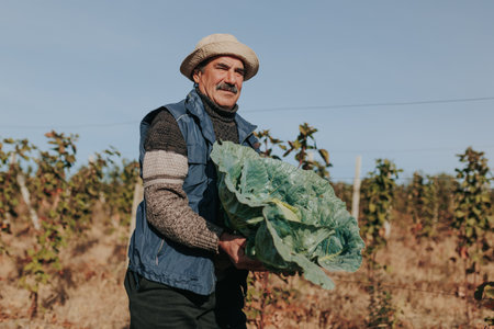 In the skilled hands of an elderly farmer with a mustache, witness the growth of vitamin-rich produce. A portrait celebrating the intersection of man, land, and sustainable agriculture.の写真素材