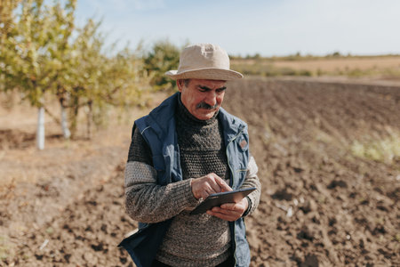 Against a harvest backdrop, a mustached senior farmer uses a digital tablet for agricultural...
