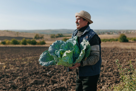Legacy of the Land Aged farmer, donned with a mustache, orchestrates the growth of a cabbage crop. In this exploration, discover the harmony between man and natureの写真素材