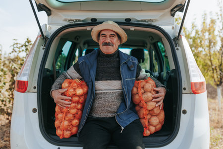 Farm to Car Senior farmer takes a break beside sacks of harvested potatoes, neatly arranged in the back of a vehicle during the harvest period.の写真素材