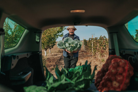 Harvest Loading Process An elderly farmer efficiently loads a vehicle with freshly grown produce, showcasing the practical aspects of agricultural work in a farmland setting.の写真素材