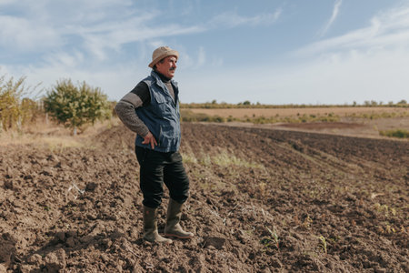 Graceful Aging The photo beautifully portrays an old and wise farmer, his weathered face reflecting years of toil and dedication, standing proudly amidst the flourishing crops.の写真素材