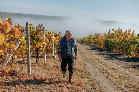 A seasoned farmer walks the vineyard path, his every step a dance with the grapevines, creating a picturesque agricultural scene.の写真素材